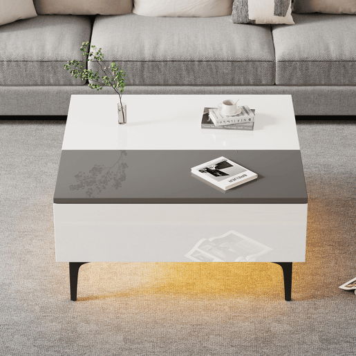Mesa de centro elevável quadrada de mdf com 1 gaveta e luz led,branco