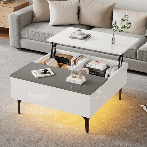 Mesa de centro elevável quadrada de mdf com 1 gaveta e luz led,branco