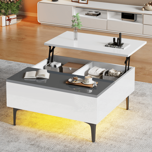 Mesa de centro elevável quadrada de mdf com 1 gaveta e luz led,branco