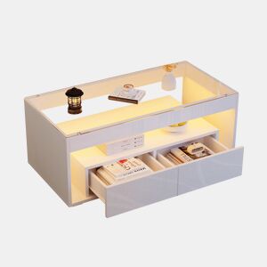 Mesa de centro retangular de painel de partículas com 2 gavetas e luz led,branco