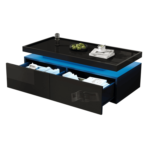 Mesa de centro retangular de painel de partículas com 2 gavetas e luz led,preto Mesa de centro retangular de painel de partículas com 2 gavetas e luz led,preto