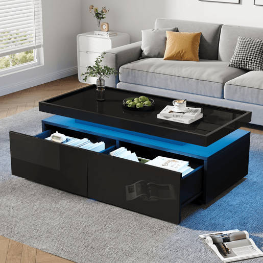 Mesa de centro retangular de painel de partículas com 2 gavetas e luz led,preto Mesa de centro retangular de painel de partículas com 2 gavetas e luz led,preto