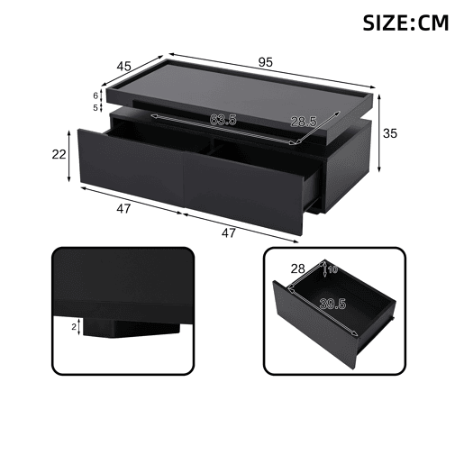 Mesa de centro retangular de painel de partículas com 2 gavetas e luz led,preto Mesa de centro retangular de painel de partículas com 2 gavetas e luz led,preto