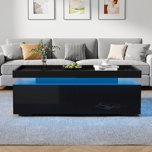 Mesa de centro retangular de painel de partículas com 2 gavetas e luz led,preto Mesa de centro retangular de painel de partículas com 2 gavetas e luz led,preto