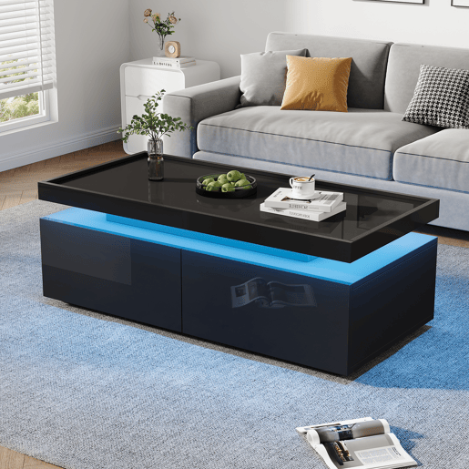 Mesa de centro retangular de painel de partículas com 2 gavetas e luz led,preto Mesa de centro retangular de painel de partículas com 2 gavetas e luz led,preto
