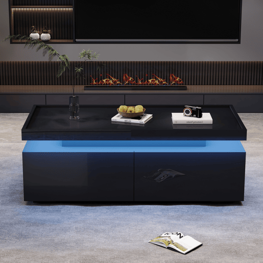 Mesa de centro retangular de painel de partículas com 2 gavetas e luz led,preto Mesa de centro retangular de painel de partículas com 2 gavetas e luz led,preto