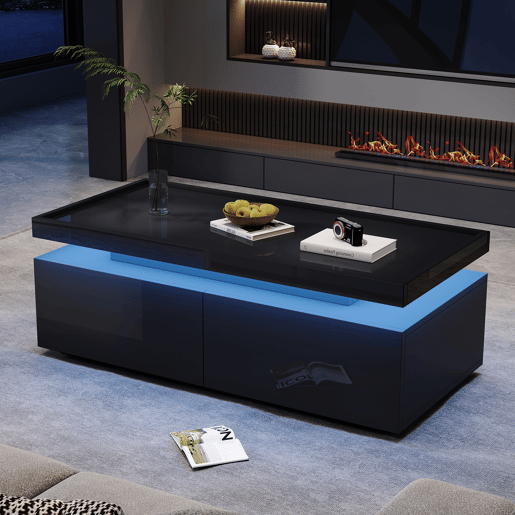 Mesa de centro retangular de painel de partículas com 2 gavetas e luz led,preto Mesa de centro retangular de painel de partículas com 2 gavetas e luz led,preto