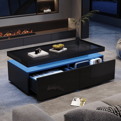 Mesa de centro retangular de painel de partículas com 2 gavetas e luz led,preto Mesa de centro retangular de painel de partículas com 2 gavetas e luz led,preto
