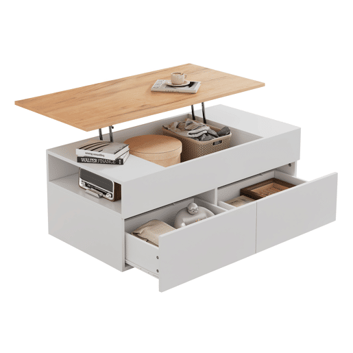 Mesa de centro elevável retangular de painel de partículas,branco+natural Mesa de centro elevável retangular de painel de partículas,branco+natural