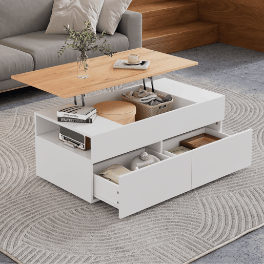 Mesa de centro elevável retangular de painel de partículas,branco+natural Mesa de centro elevável retangular de painel de partículas,branco+natural