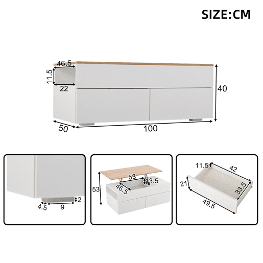 Mesa de centro elevável retangular de painel de partículas,branco+natural Mesa de centro elevável retangular de painel de partículas,branco+natural