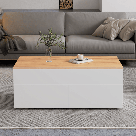 Mesa de centro elevável retangular de painel de partículas,branco+natural Mesa de centro elevável retangular de painel de partículas,branco+natural