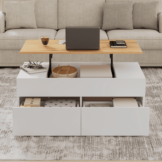 Mesa de centro elevável retangular de painel de partículas,branco+natural Mesa de centro elevável retangular de painel de partículas,branco+natural