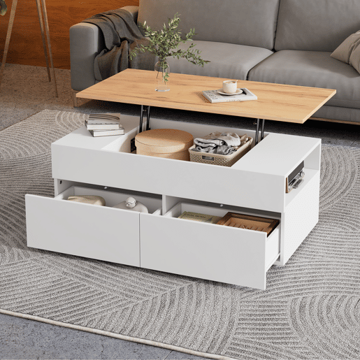 Mesa de centro elevável retangular de painel de partículas,branco+natural Mesa de centro elevável retangular de painel de partículas,branco+natural