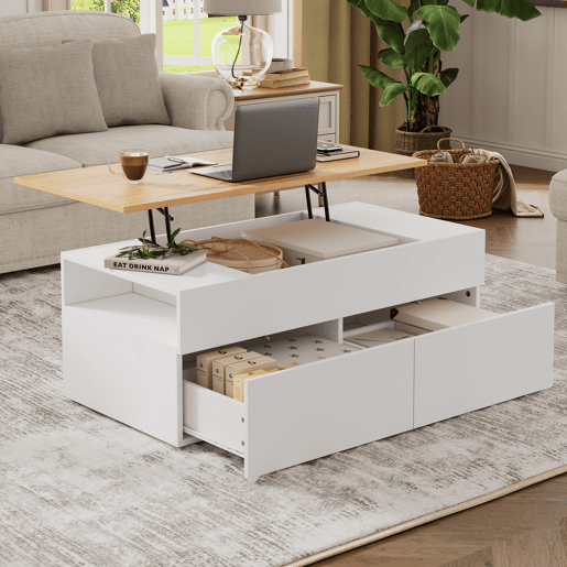 Mesa de centro elevável retangular de painel de partículas,branco+natural Mesa de centro elevável retangular de painel de partículas,branco+natural