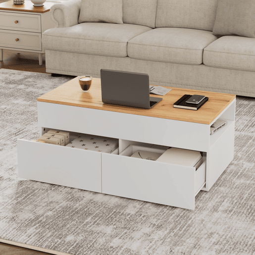 Mesa de centro elevável retangular de painel de partículas,branco+natural Mesa de centro elevável retangular de painel de partículas,branco+natural