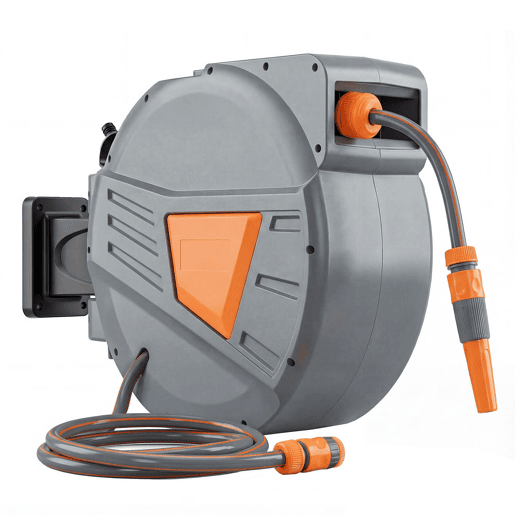 Outsunny Carretel de Mangueira para Jardim 30+2u202Fm com Bocal de 2 Modos Carretel de Mangueira de Parede com Bloqueio Automático e Retracção Controlada Suporte Orientável 180° Laranja