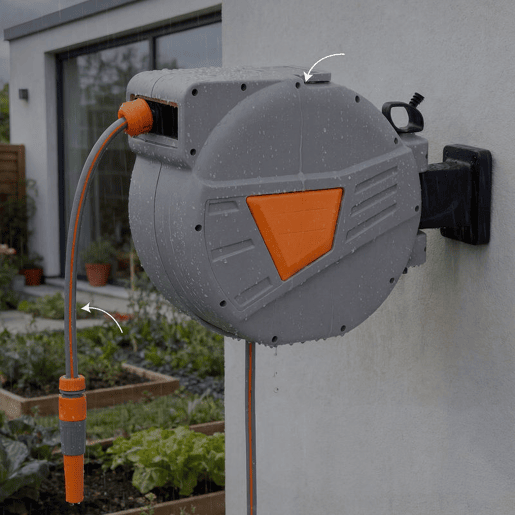 Outsunny Carretel de Mangueira para Jardim 30+2u202Fm com Bocal de 2 Modos Carretel de Mangueira de Parede com Bloqueio Automático e Retracção Controlada Suporte Orientável 180° Laranja