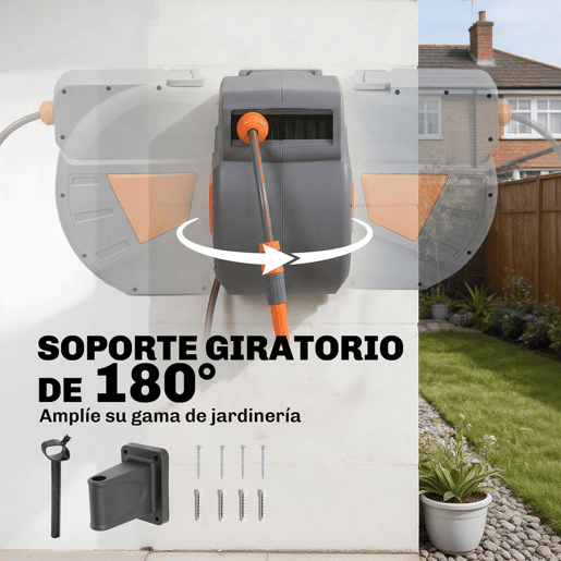 Outsunny Carretel de Mangueira para Jardim 30+2u202Fm com Bocal de 2 Modos Carretel de Mangueira de Parede com Bloqueio Automático e Retracção Controlada Suporte Orientável 180° Laranja