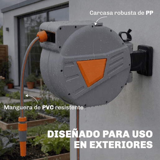 Outsunny Carretel de Mangueira para Jardim 30+2u202Fm com Bocal de 2 Modos Carretel de Mangueira de Parede com Bloqueio Automático e Retracção Controlada Suporte Orientável 180° Laranja