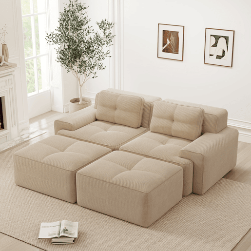 Sofá modular de 2 lugares - Boneless, veludo cotelê, com otomano, assento profundo - Bege