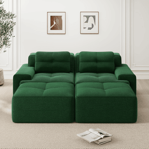 Sofá modular de 2 lugares - U, confortável, com otomano, assento profundo - Verde