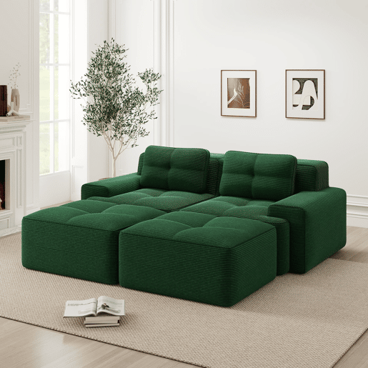 Sofá modular de 2 lugares - U, confortável, com otomano, assento profundo - Verde