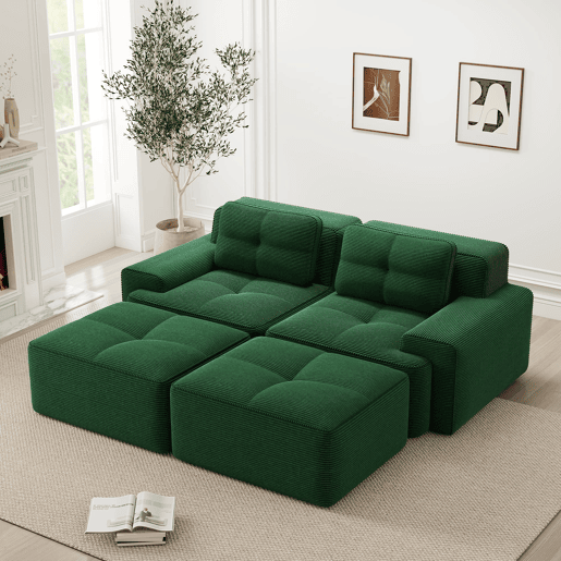 Sofá modular de 2 lugares - U, confortável, com otomano, assento profundo - Verde
