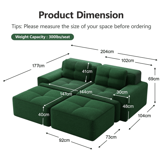 Sofá modular de 2 lugares - U, confortável, com otomano, assento profundo - Verde