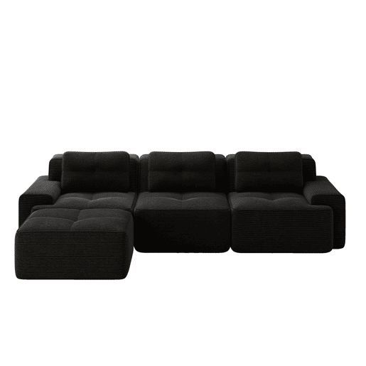Sofá modular em L de 3 lugares - com otomano, estofado em veludo cotelê - preto