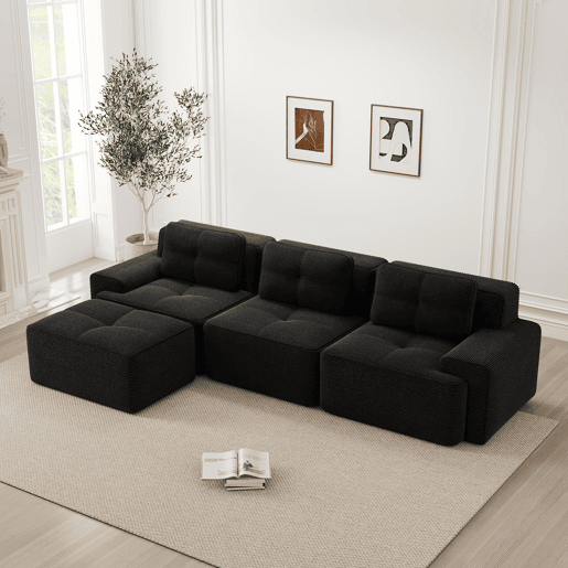 Sofá modular em L de 3 lugares - com otomano, estofado em veludo cotelê - preto