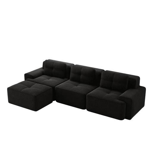 Sofá modular em L de 3 lugares - com otomano, estofado em veludo cotelê - preto