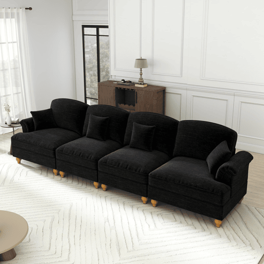 Sofá de 4 lugares - estilo mid-century em chenille, braços em forma de funil - preto