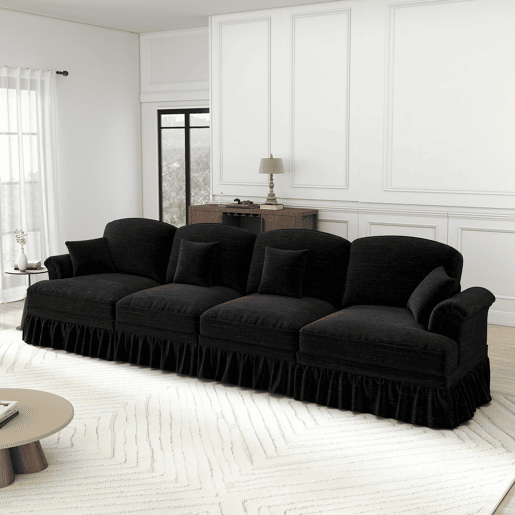Sofá de 4 lugares - estilo mid-century em chenille, braços em forma de funil - preto