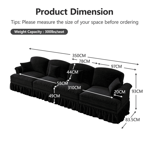 Sofá de 4 lugares - estilo mid-century em chenille, braços em forma de funil - preto