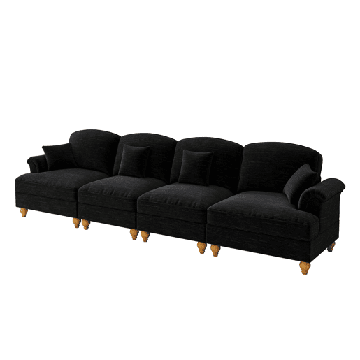 Sofá de 4 lugares - estilo mid-century em chenille, braços em forma de funil - preto
