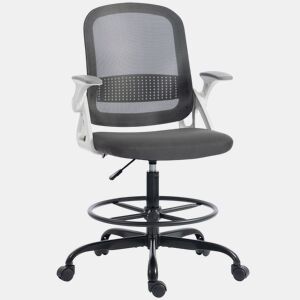 HOMCOM Cadeira de Escritório em Malha Cadeira de Desenho com Apoios de Braços Rebatíveis Altura Ajustável Suporte Lombar Apoio para os Pés Rodas Giratórias para Escritório ou Estúdio Cinzenta