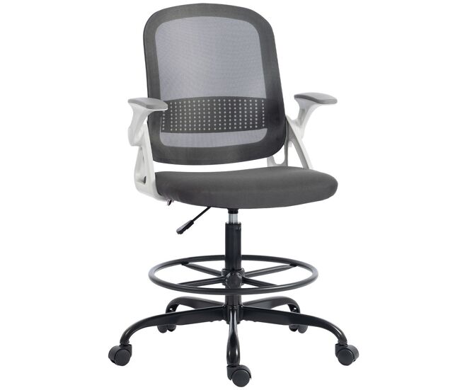 Homcom silla de escritorio de malla, silla de dibujo ergonómica con reposabrazos abatibles, altura ajustable, soporte lumbar, reposapiés, ruedas giratorias para oficina, estudio, gris