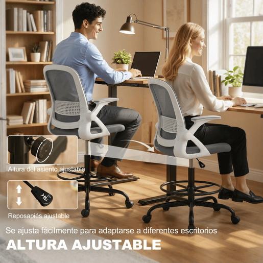 HOMCOM Cadeira de Escritório em Malha Cadeira de Desenho com Apoios de Braços Rebatíveis Altura Ajustável Suporte Lombar Apoio para os Pés Rodas Giratórias para Escritório ou Estúdio Cinzenta