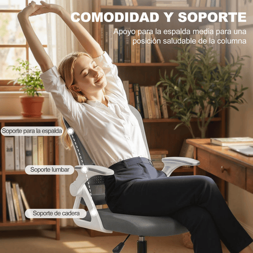HOMCOM Cadeira de Escritório em Malha Cadeira de Desenho com Apoios de Braços Rebatíveis Altura Ajustável Suporte Lombar Apoio para os Pés Rodas Giratórias para Escritório ou Estúdio Cinzenta