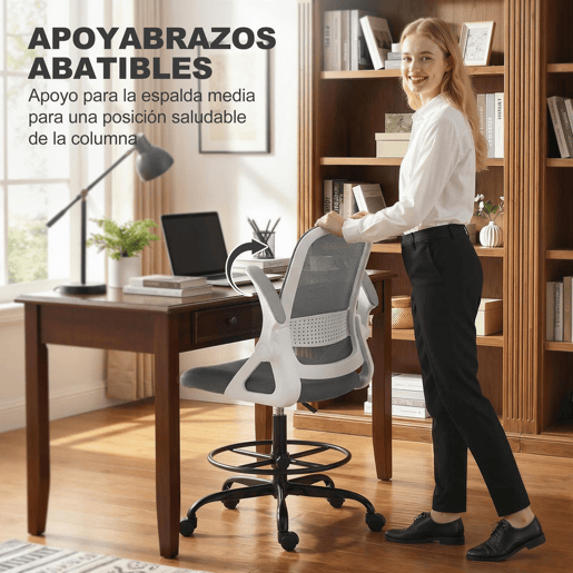 HOMCOM Cadeira de Escritório em Malha Cadeira de Desenho com Apoios de Braços Rebatíveis Altura Ajustável Suporte Lombar Apoio para os Pés Rodas Giratórias para Escritório ou Estúdio Cinzenta