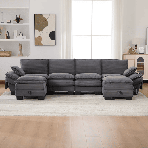 Sofá modular de 4 lugares com 2 pufes u2013 assento amplo, design ergonómico, estofamento em espuma de alta densidade, porta USB-C e bolsos laterais u2013 Cinza escuro