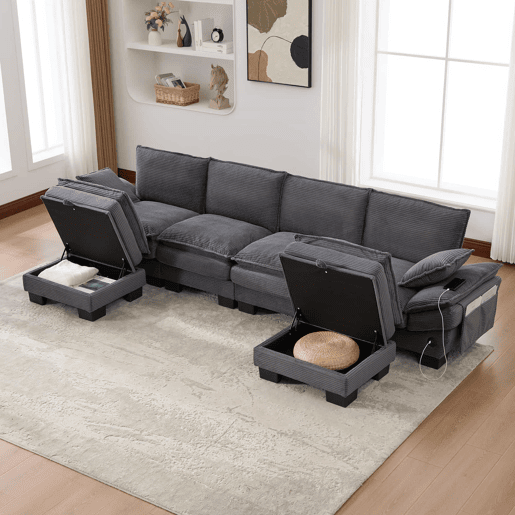Sofá modular de 4 lugares com 2 pufes u2013 assento amplo, design ergonómico, estofamento em espuma de alta densidade, porta USB-C e bolsos laterais u2013 Cinza escuro
