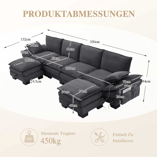 Sofá modular de 4 lugares com 2 pufes u2013 assento amplo, design ergonómico, estofamento em espuma de alta densidade, porta USB-C e bolsos laterais u2013 Cinza escuro