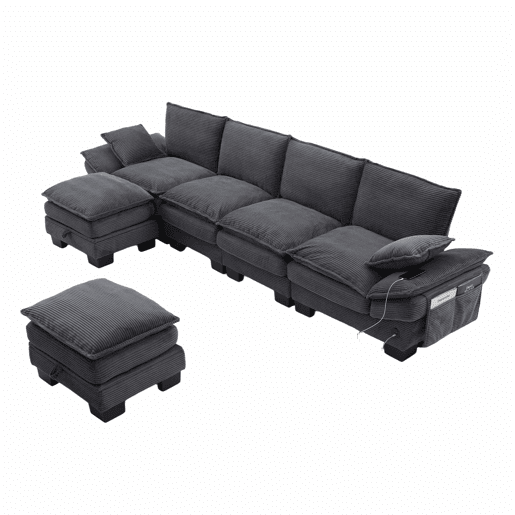 Sofá modular de 4 lugares com 2 pufes u2013 assento amplo, design ergonómico, estofamento em espuma de alta densidade, porta USB-C e bolsos laterais u2013 Cinza escuro