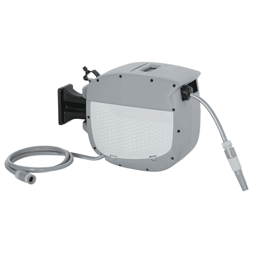 Outsunny Carretel de Mangueira para Jardim 20+1,9 m com Bico de 2 Modos Carretel de Mangueira de Jardim de Parede com Bloqueio Automático e Retracção Controlada Suporte Orientável 180° Cinza