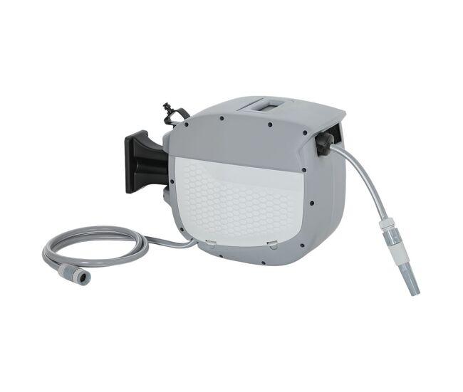 Outsunny enrollador de manguera para jardín 20+1,9 m con boquilla de 2 modos, carrete de manguera de jardín de pared con bloqueo automático y retracción controlada, soporte orientable 180°, gris