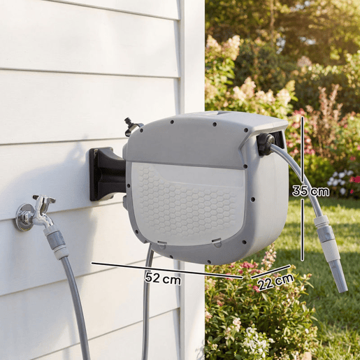 Outsunny Carretel de Mangueira para Jardim 20+1,9 m com Bico de 2 Modos Carretel de Mangueira de Jardim de Parede com Bloqueio Automático e Retracção Controlada Suporte Orientável 180° Cinza