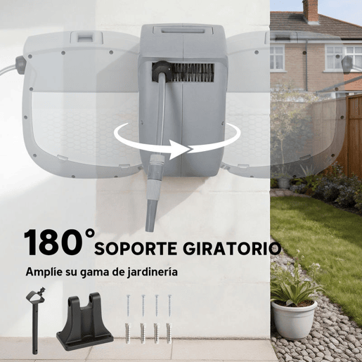Outsunny Carretel de Mangueira para Jardim 20+1,9 m com Bico de 2 Modos Carretel de Mangueira de Jardim de Parede com Bloqueio Automático e Retracção Controlada Suporte Orientável 180° Cinza
