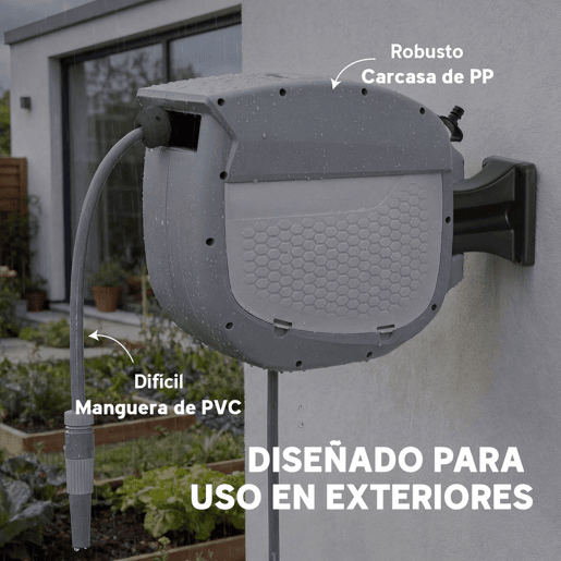 Outsunny Carretel de Mangueira para Jardim 20+1,9 m com Bico de 2 Modos Carretel de Mangueira de Jardim de Parede com Bloqueio Automático e Retracção Controlada Suporte Orientável 180° Cinza